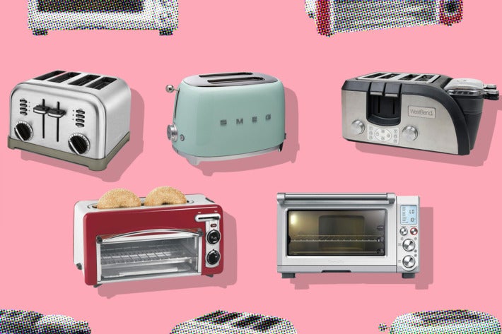 Collage of various toasters on a pink background.